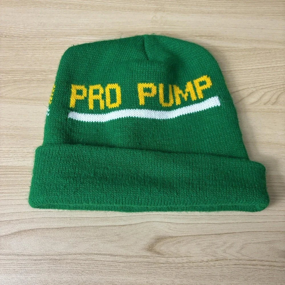 Vintage Pro Pump Hat Beanie Fitted Mens Large Green Cuffed Knit Advertising‎ 90s